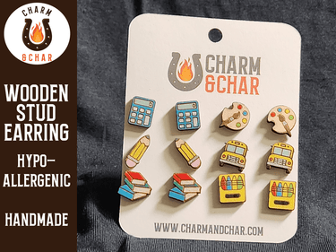 Back to School Wood Stud Earrings - Nerdy Fashion Earring Set - Stud Earring - Charm and Char